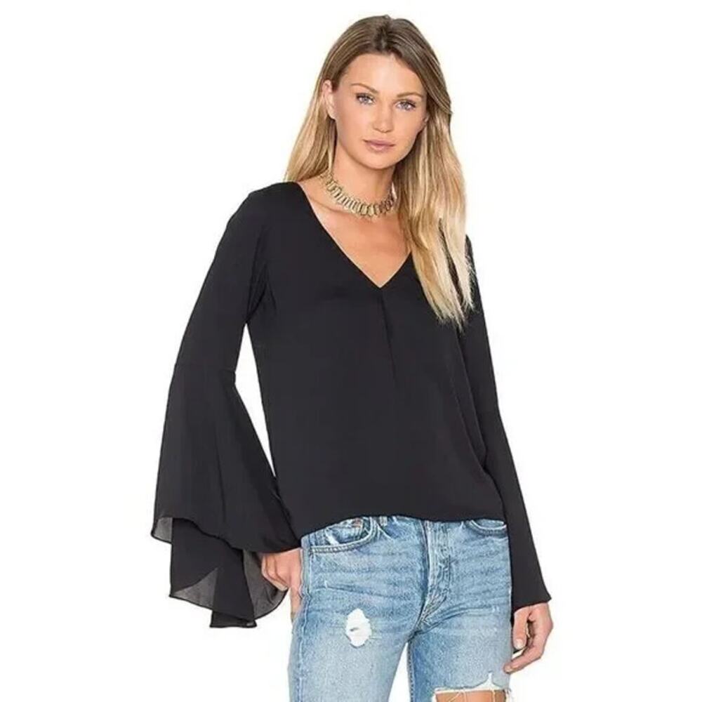 Amanda Uprichard Womens Top Extra Small P Laura‎ Blouse Bell Sleeve Satin Black